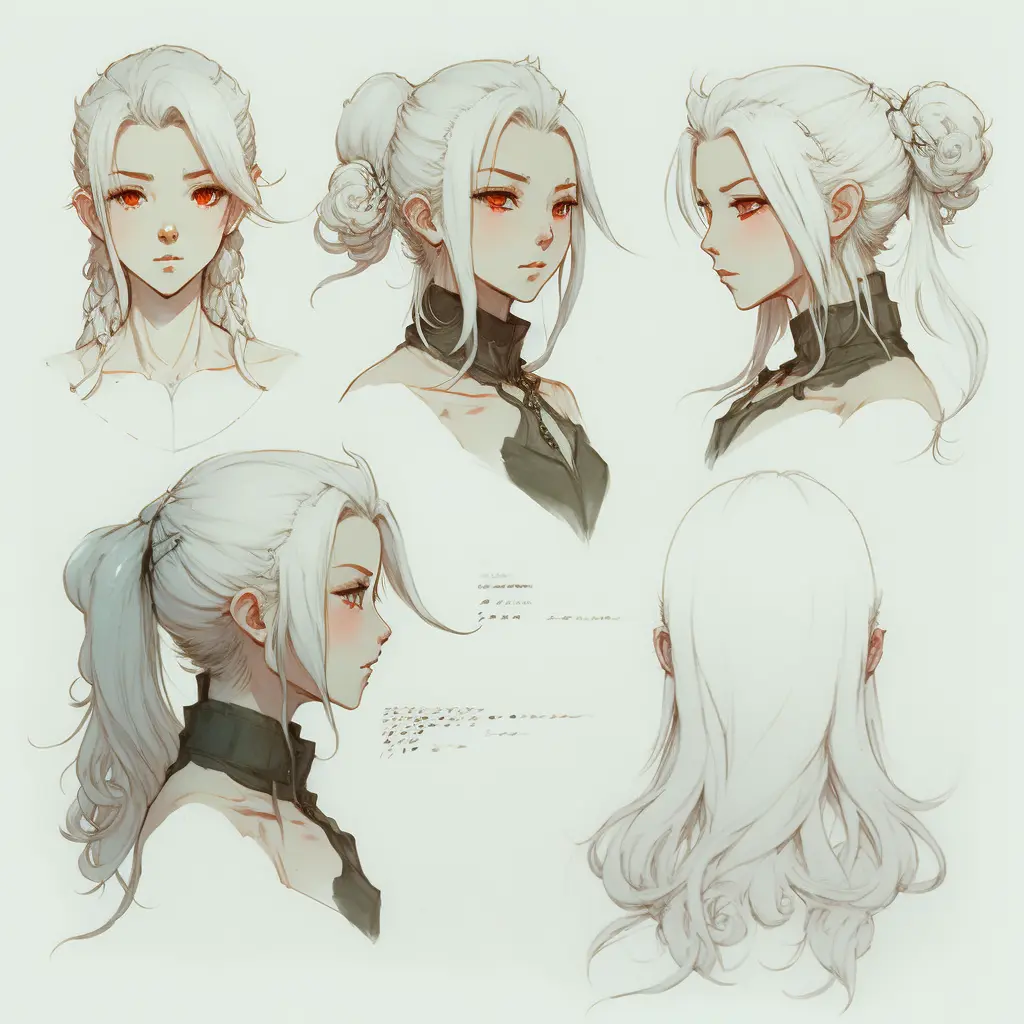 white hair female close up character design, multiple concept designs, concept design sheet, white background, style of Yoshitaka Amano. 